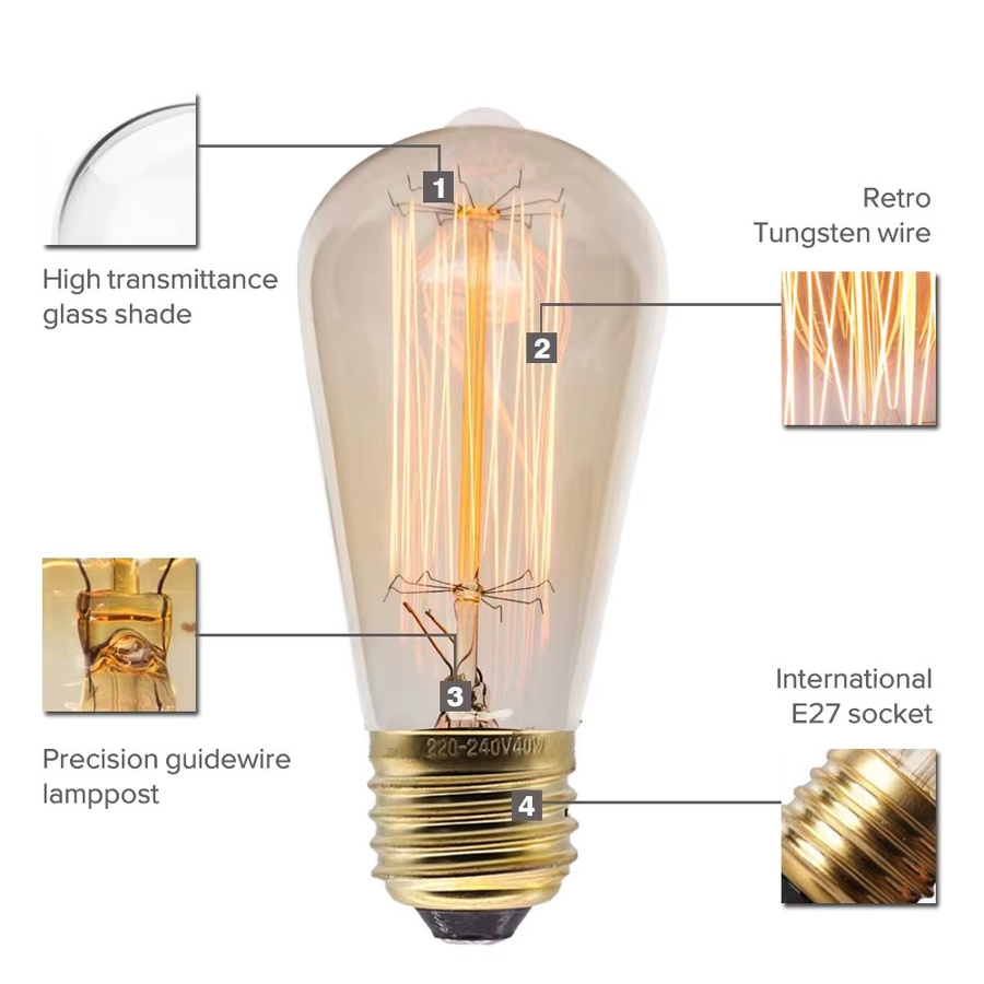 6er Set Retro Edison Glühlampen von PARKSON mit E27 Sockel, transparentes Glas, warmweißes Licht für die Innenbeleuchtung und Dekoration - Bild 1