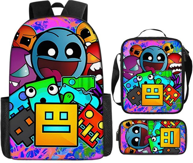 Geometry Dash Kinder Schulrucksack Set von Fancy Style Studio mit Umhängetasche und Federmäppchen, Mehrfarbig, Nylon - Bild 1