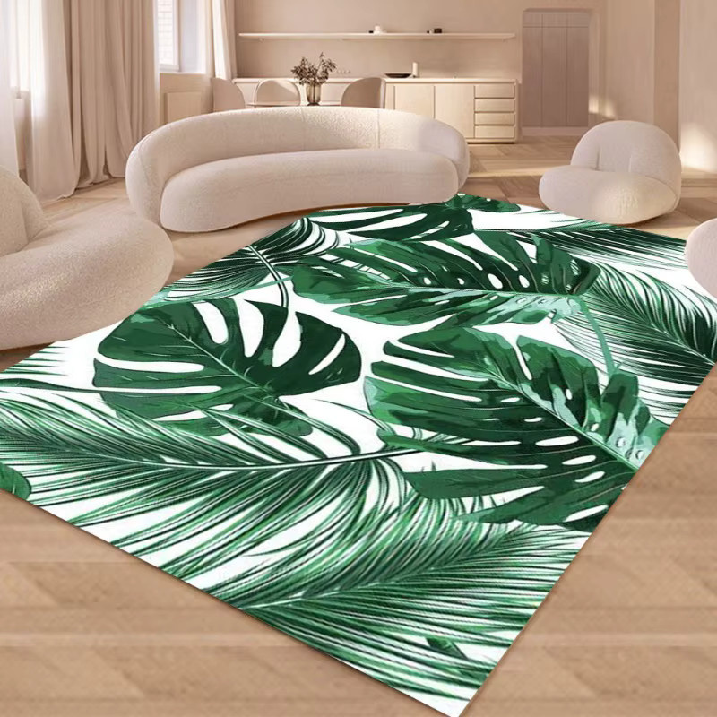Rutschfester Wohnzimmerteppich in Grün mit modernem Monstera-Blatt-Design und floralem Dschungel-Muster - Bild 2