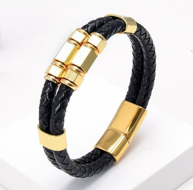 Wucifang Jewelry Armband, Edelstahl, Leder, Gold, Herren, 21cm - Bild 1