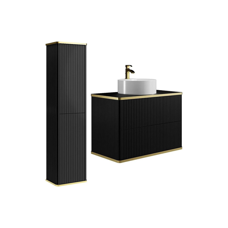 Vente-unique Badmöbel-Set Keliza im Art-déco-Stil mit Aufsatzwaschbecken und Hochschrank, Schwarz matt, Breite: 80 cm, Tiefe: 47 cm, Höhe: 54 cm - Bild 2