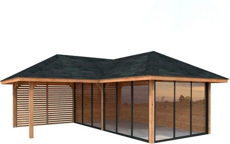 PALMAKO Pavillon Bianca Set 214 Slide in Braun aus Fichtenholz mit Alu-Schiebetüren und ESG Glas, B/T/H: 588 x 588 x 319 cm - Bild 1
