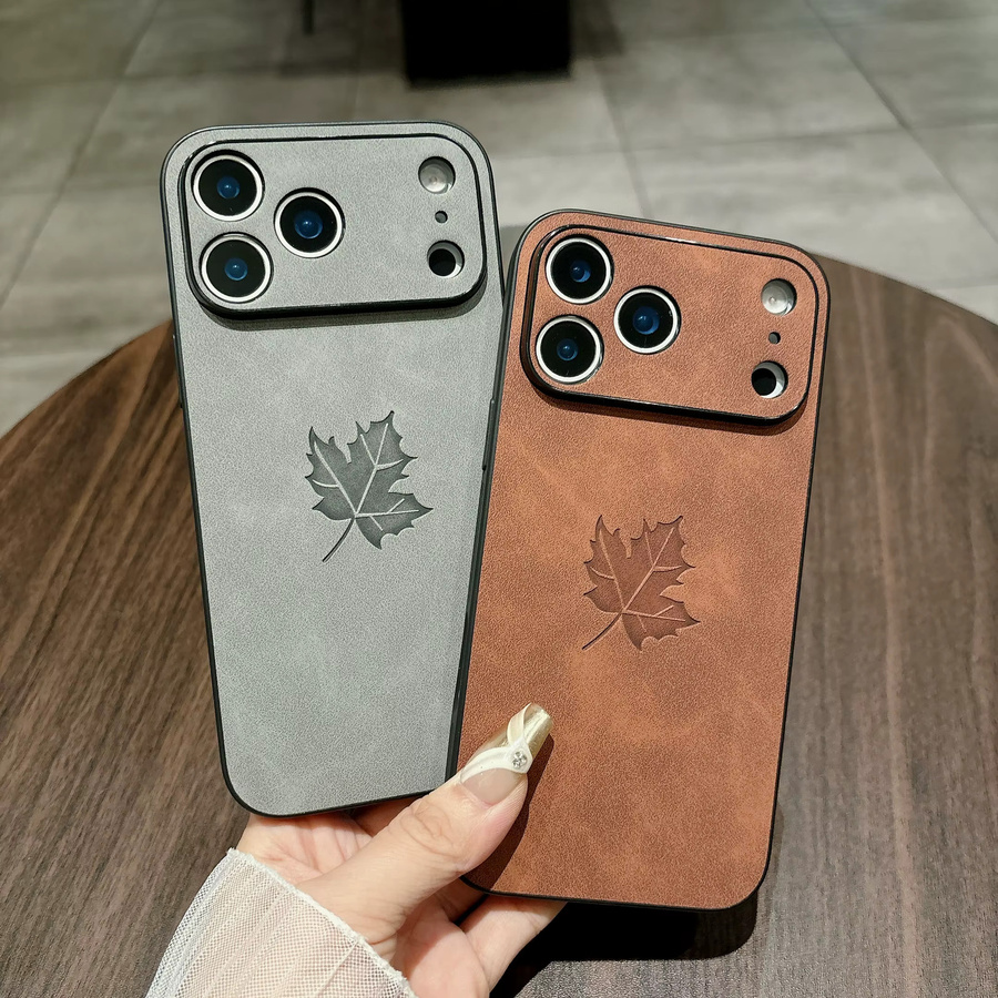 Carcasa Luxuriöse Handyhülle aus Schaffell-Leder mit Ahornblatt-Design für iPhone 17, 16, 15, 14 Plus, 13, 12, 11 Pro Max - Bild 1