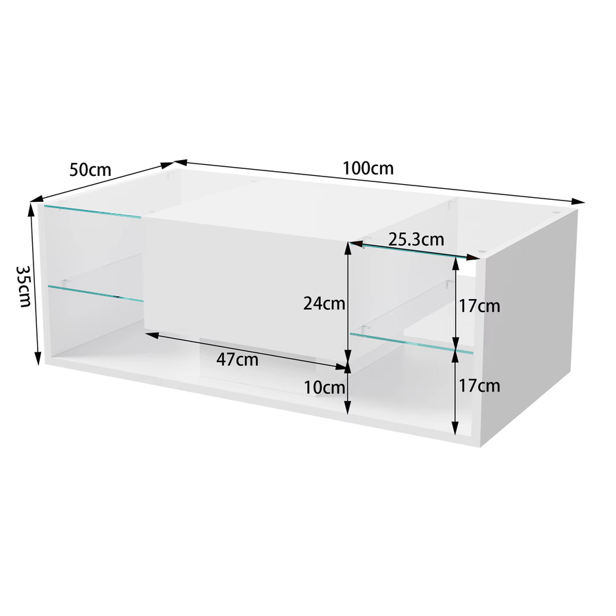 Moderner niedriger Couchtisch in Schwarz/Weiß glänzend mit 4 Regalen aus gehärtetem Glas, Schublade und RGB LED-Beleuchtung per App oder Fernbedienung - Bild 5