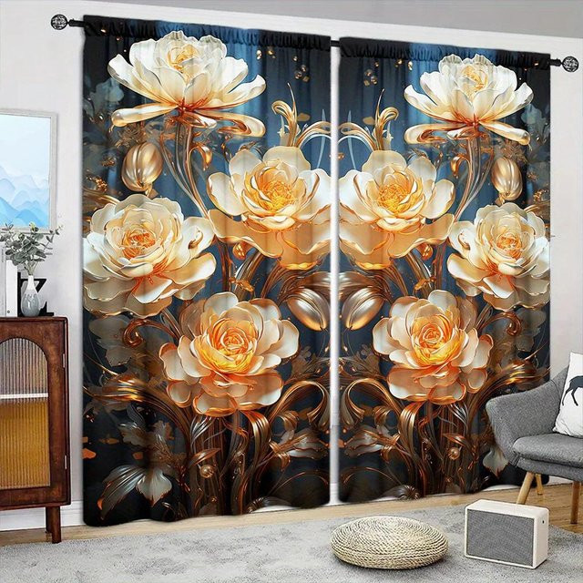 2er-Set Vorhang mit goldenem Blumenmuster in Braun, B: 52,5 cm, H: 116 cm - Bild 1