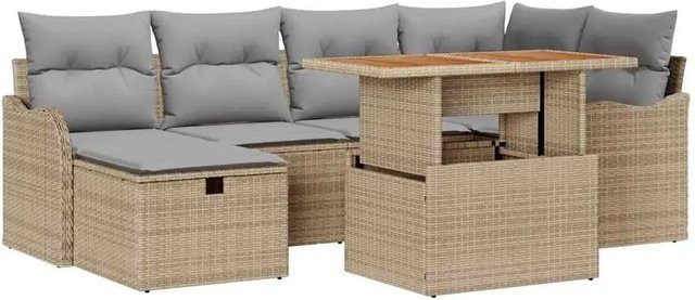 vidaXL Garten-Sofa-Set aus Polyrattan und Akazienholz in Beige mit 7 Teilen, Kissen und integriertem Stauraum - Bild 1