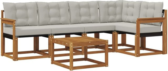vidaXL Outdoor-Sofagarnitur 6-teilig aus Akazienholz und Textilene in Beige und Grau mit L-Form und Kissen - Bild 1
