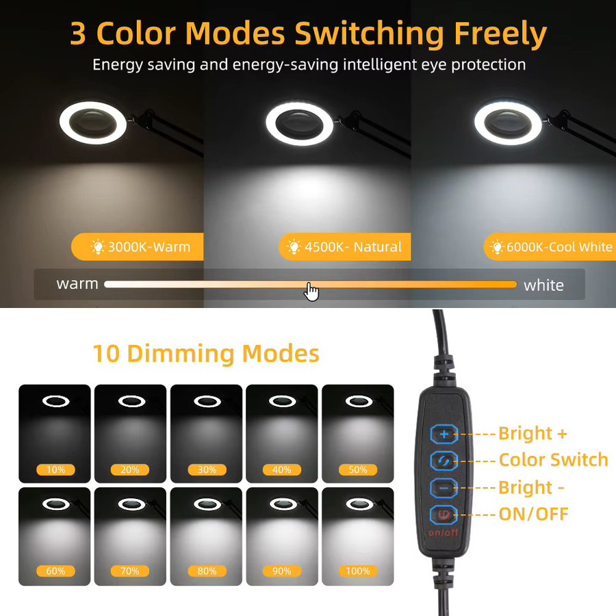 CANMEIJIA LED Lupenleuchte mit Ringlicht, dimmbar, USB-Anschluss, Weiß/Schwarz - Bild 3