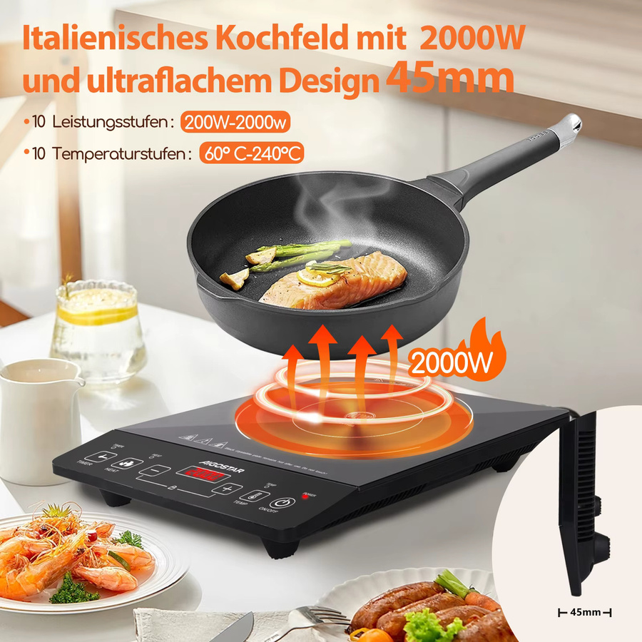 Aigostar Induktionskochfeld in Schwarz mit 2000 W, Touch-Steuerung, 10 Leistungsstufen, 10 Temperatureinstellungen, LED-Digitalanzeige und 3-Stunden-Timer - Bild 2
