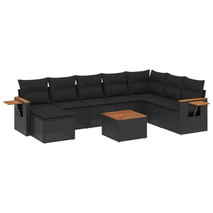vidaXL 9-teilige Garten-Sofagarnitur aus Poly-Rattan und Akazienholz in Schwarz mit Kissen - Bild 2