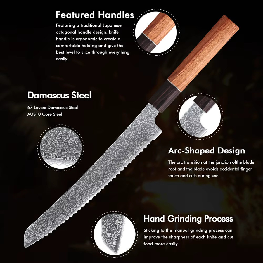 MOSTODOZO Brotmesser aus Damaszener Stahl mit 21,59 cm Klingenlänge für Brot, Käse und Backwerk - Bild 5