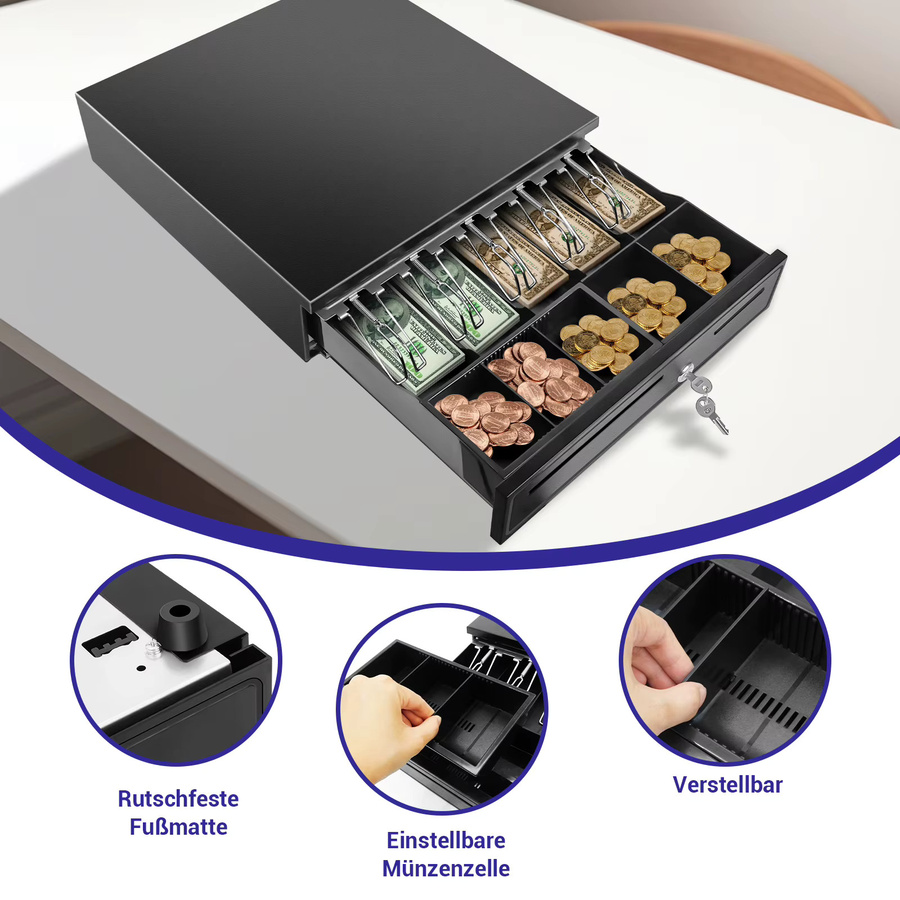 Kassenschublade aus Metall in Schwarz mit 5 Fächern für Scheine und 5 Fächern für Münzen, automatische und manuelle Öffnung mit Schlüsselschloss und RJ11-Anschluss - Bild 5