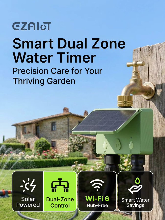 EZAIOT Smarter Bewässerungstimer Tuya WiFi mit Solarenergie für 2-Zonen Gartenbewässerung und automatische Tropfbewässerung, Grün - Bild 7