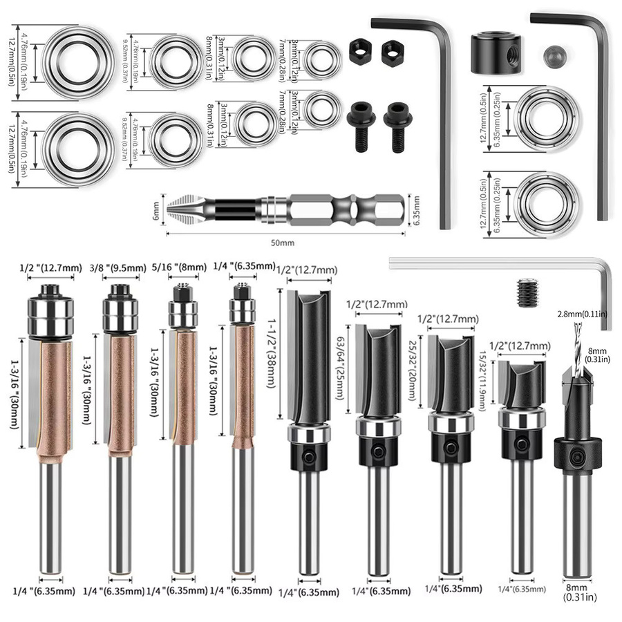 YERSOXN 30-teiliges Schaftfräser-Set mit 6mm 1/4-Zoll Schaft, Nutfräser und Fräsköpfe in Silber für die Holzbearbeitung - Bild 5