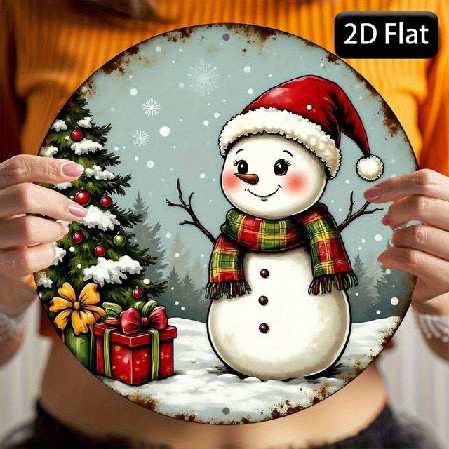 Rundes Vintage Weihnachtsschild aus Aluminium von Potdemiel mit Schneemann und Baum in Multicolor, Durchmesser: 20 cm - Bild 1
