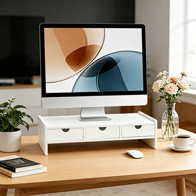 Doppelschichtiges halbkreisförmiges Desktop-Aufbewahrungsregal mit drei Schubladen als ergonomischer Monitorständer und Laptop-Erhöhungshalterung in Weiß - Bild 1