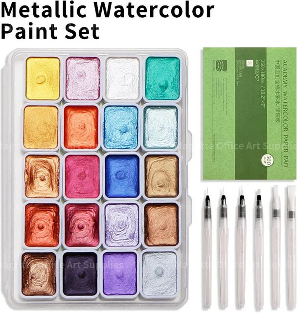 46-teiliges Metallic-Aquarellfarben-Set mit Wasserpinselstiften und Papierblock in Multicolour für professionelle Künstler - Bild 1