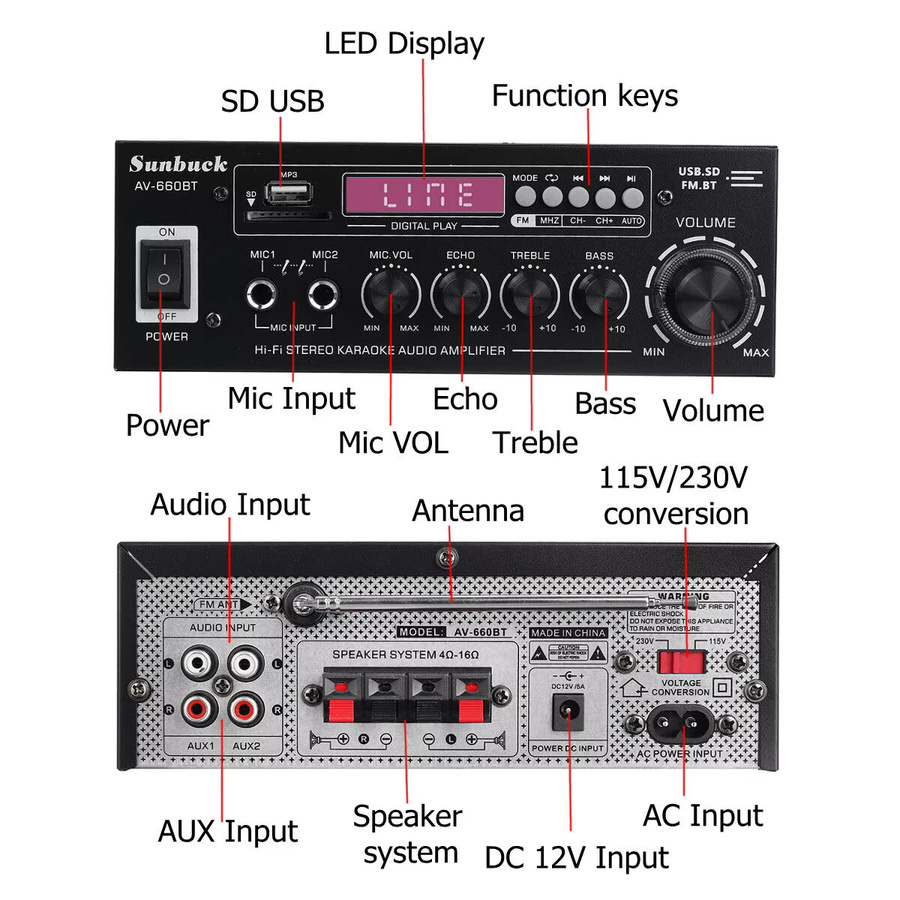 SUNBUCK AV-660BT 2.1 Soundverstärker in Schwarz mit EQ, FM, USB, SD-Karte und 2 Mikrofoneingängen - Bild 2