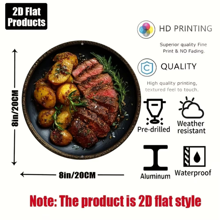 Rundes Metallschild von HELLOYOUNG mit Steak- und Kartoffelmotiv als rustikale Aluminium-Wandkunst in Mehrfarbig - Bild 2