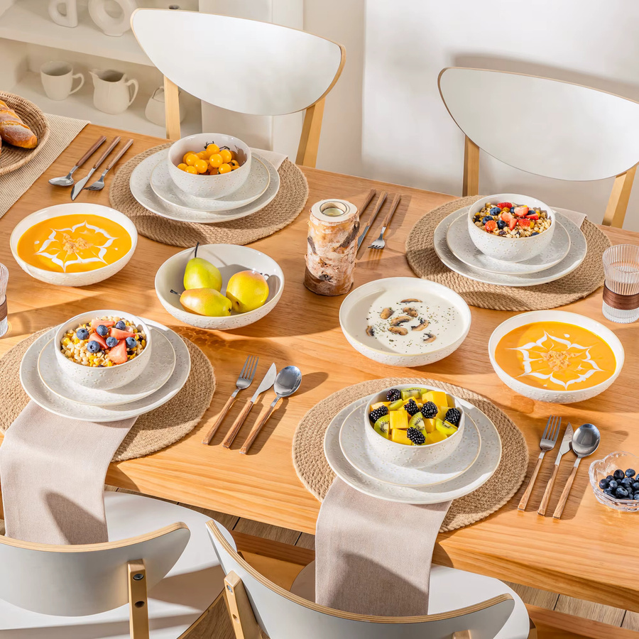 Malacasa Lydia Steinzeug Geschirr Set Weiß mit Prägung, 16 oder 32-teiliges Dinner Set bestehend aus Tellern, Desserttellern, Schüsseln und Suppentellern - Bild 2