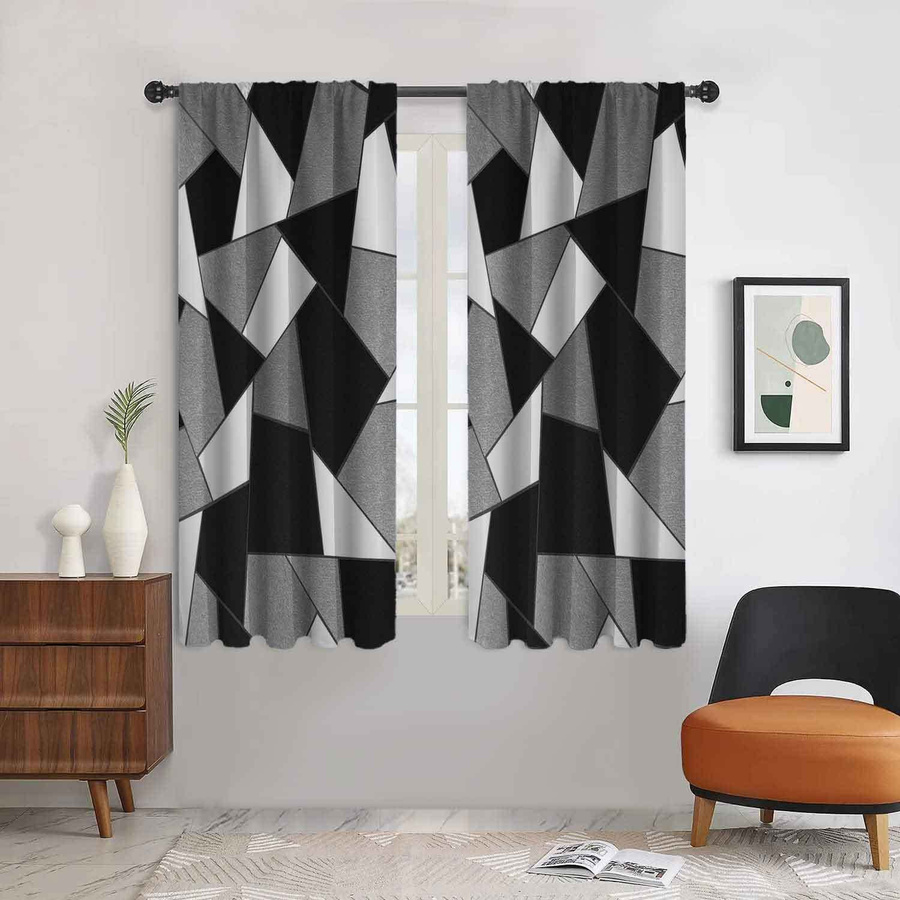 Yiran Furniture Vorhang Set mit geometrischem Schwarz-Weiß-Muster, modern minimalistisch, semi-transparent, Polyester, 2 Stück, Breite: 100 cm, Höhe: 130 cm - Bild 2