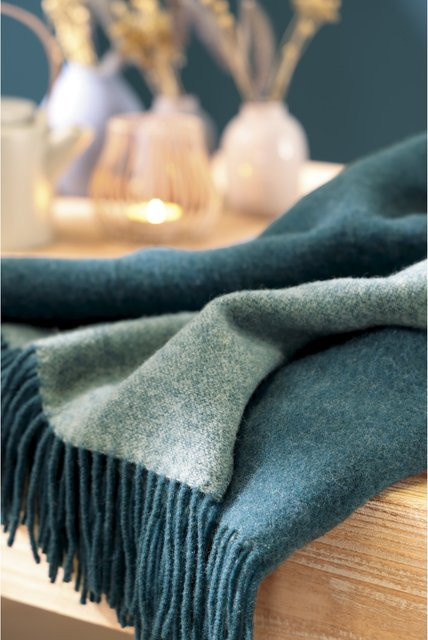 Biederlack Kaschmirplaid Wohndecke aus Wolle mit Fransen, Reversible Double Face, Rot/Grau/Blau - Bild 1
