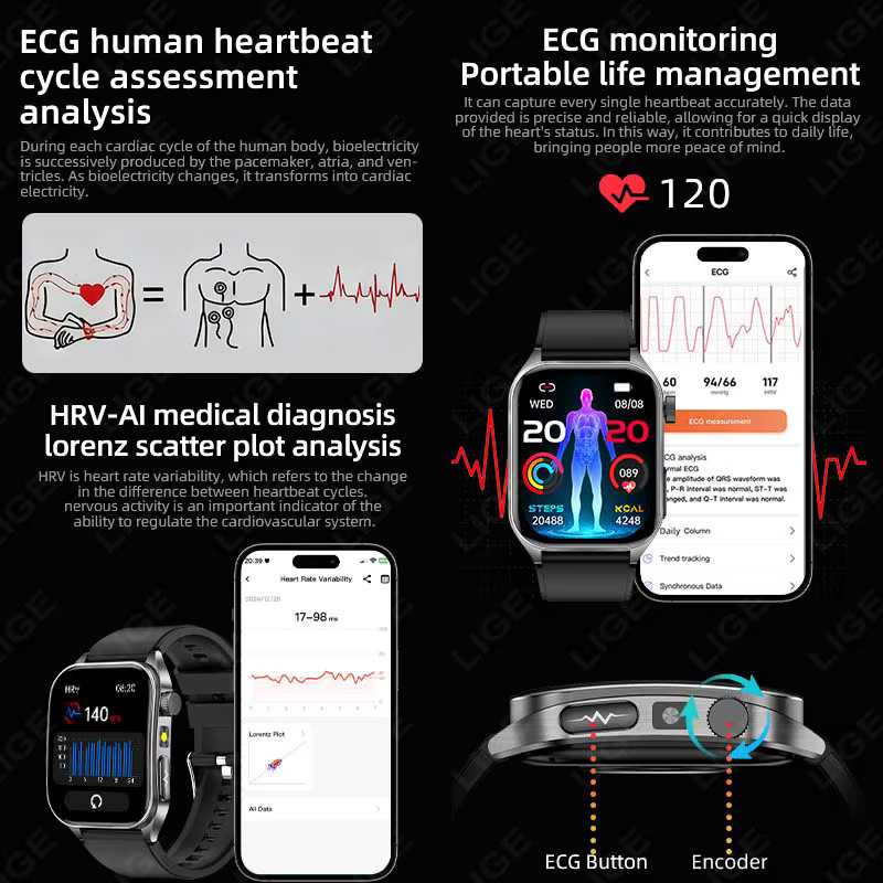 LIGE Smartwatch mit 650 nm Laser-Therapie, AI-Diagnose für Blutdruck, Harnsäure und Lipide sowie Herzfrequenzmessung, kompatibel mit iOS, in Schwarz oder Blau - Bild 4
