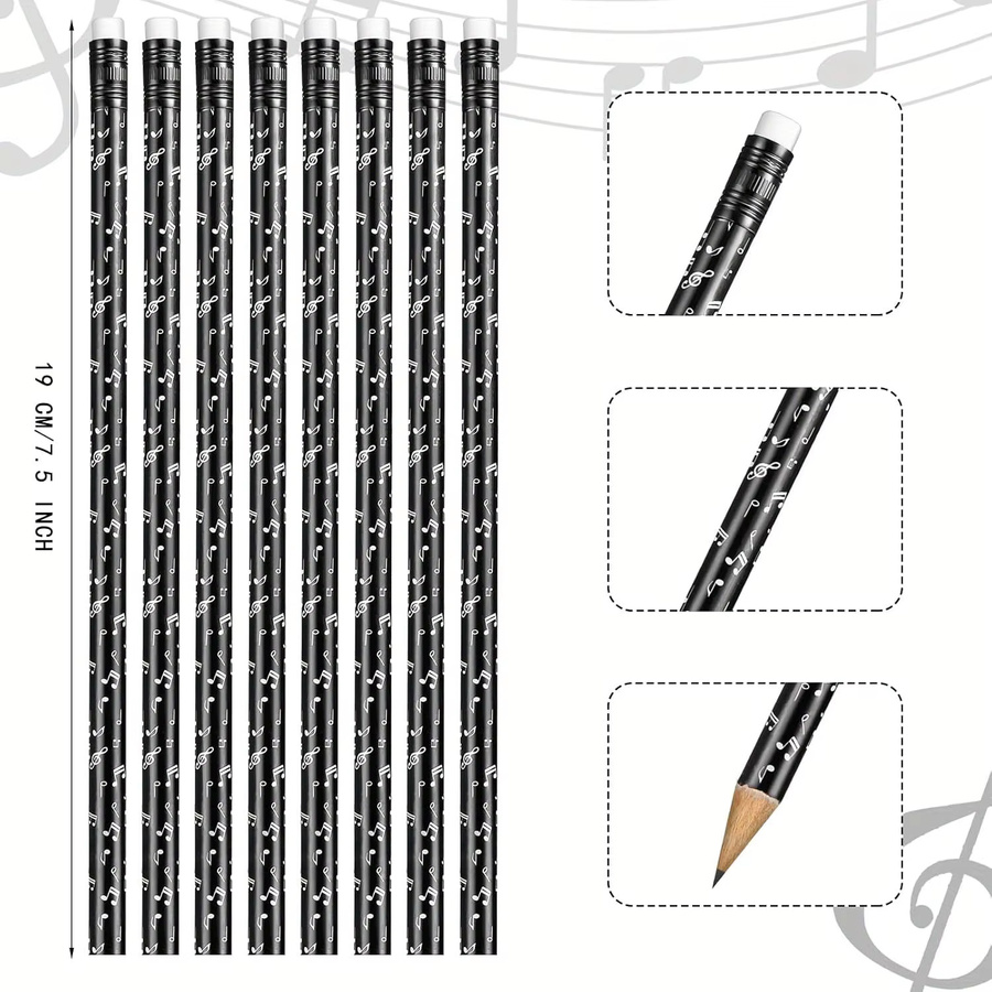 TWBEB 30 Stück HB Holzstifte mit Radiergummi in Schwarz mit Musiknoten-Design zum Zeichnen und Schreiben - Bild 3