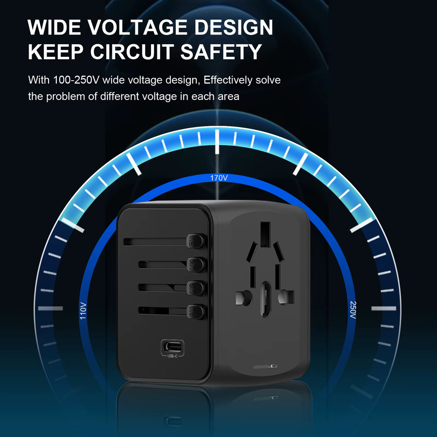 HKLAMIN Universeller Reiseadapter in Schwarz mit USB-C und USB-A Anschlüssen für Europa, Großbritannien, USA, Kanada und Australien - Bild 4