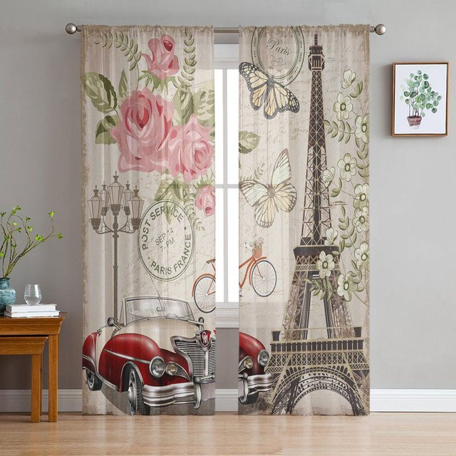 Transparente Chiffonvorhänge Paris Seine Eiffelturm Design mit roten Lippen, 2er-Set, B: 50 cm, H: 130 cm - Bild 1