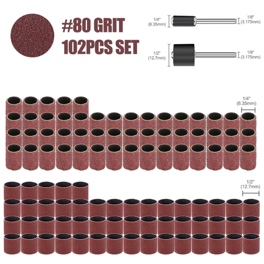XCAN Schleiftrommel-Set mit 102 Stück und Körnung 80, Schleifbänder mit 3,175 mm Schaftdornen für Dremel-Zubehör und Drehwerkzeuge - Bild 2