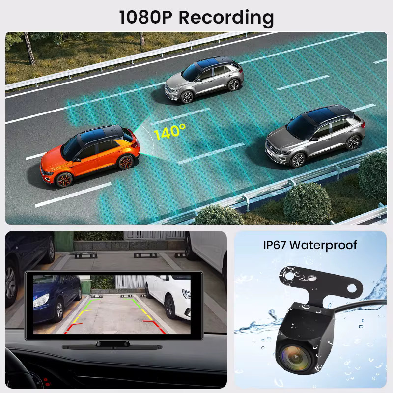 Junsun 4K Dashcam mit 10,26 Zoll IPS-Touchscreen, kabelloses Apple CarPlay und Android Auto, GPS-Navigation, Dual-Objektiv-Rückfahrkamera und Bluetooth, Schwarz - Bild 4