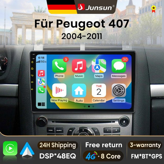 Junsun Android 15 Autoradio für Peugeot 407 CC SW 2004-2011 mit 9 Zoll Touchscreen, kabelloses Apple CarPlay, Multimedia-Videoplayer in Schwarz - Bild 1