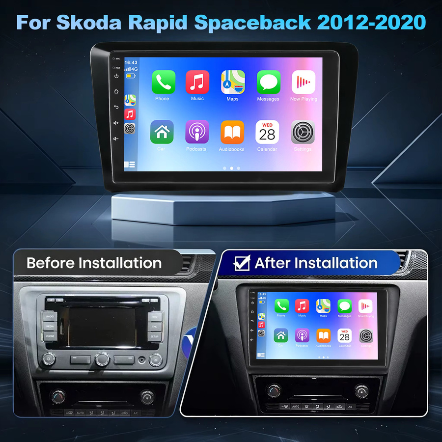 ESSGOOO Android 15 Autoradio mit 9 Zoll Display für Skoda Rapid Spaceback 2012-2020, Kabelloses CarPlay, GPS, WiFi, Bluetooth, Schwarz - Bild 2