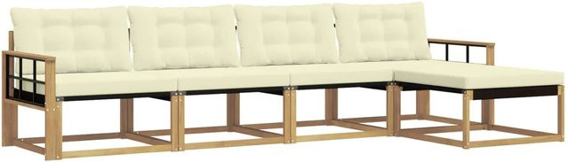 vidaXL Outdoor-Sofagarnitur in L-Form mit 3-Sitzer-Sofa, Ottoman und Kissen aus Akazienholz in Weiß und Beige - Bild 1