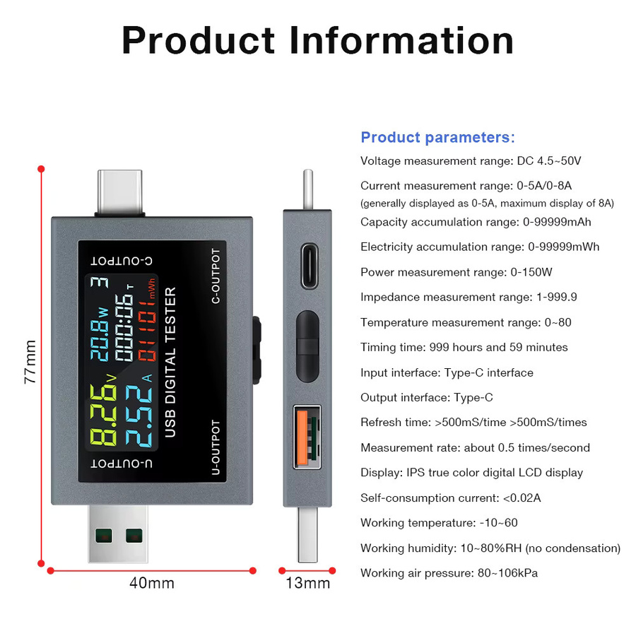USB Typ-C Tester DC4-30V Digitales Voltmeter und Amperemeter zur Messung von Spannung, Strom und Leistung sowie zur Prüfung der Batteriekapazität in Schwarz und Grau - Bild 6