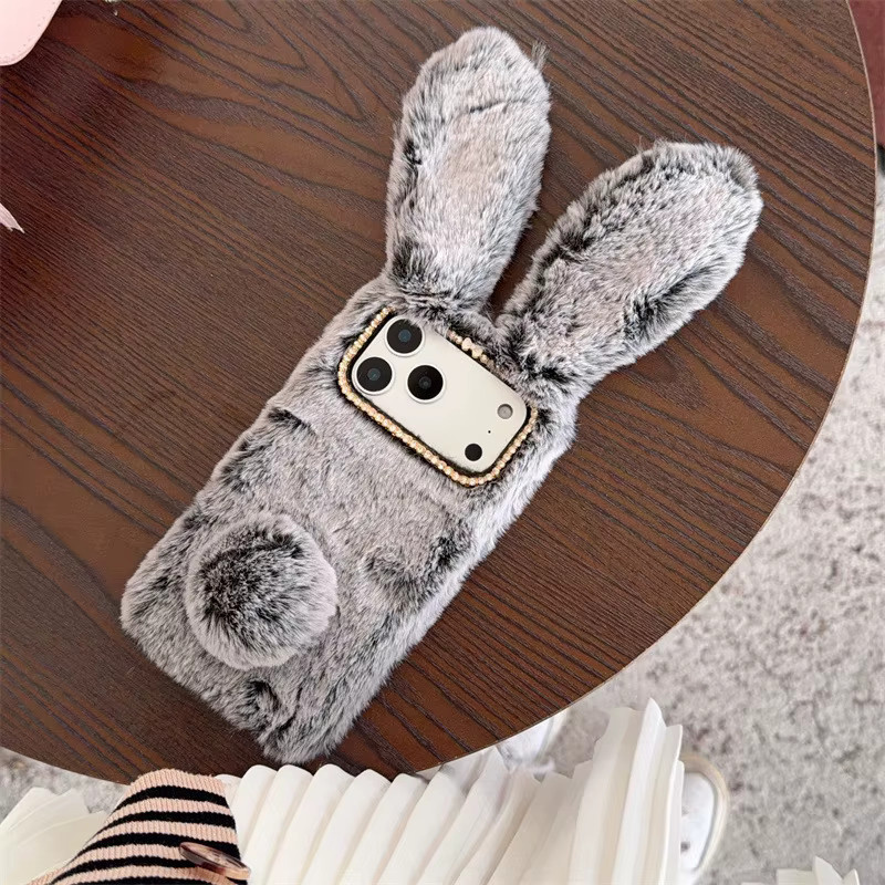 Plüsch-Handyhülle mit 3D Hasenohren für iPhone 11 bis iPhone 17 Air in Pink oder Grau - Bild 1