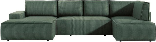 Vente-unique Schlafsofa Amelia in L-Form mit Cord-Bezug, Grün, Breite: 349 cm - Bild 1