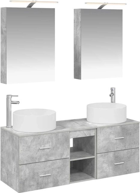 vidaXL Badezimmermöbel-Set 5-teilig in Betongrau aus Ingenieurholz und Glas mit LED-Beleuchtung und Spiegelschrank - Bild 1