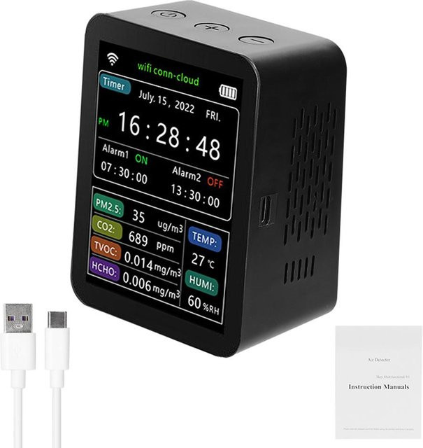 Tuya WiFi Intelligenter Luftqualitätsdetektor 6-in-1 mit PM2.5 CO2 TVOC HCHO Temperatur und Luftfeuchtigkeit in Schwarz - Bild 1