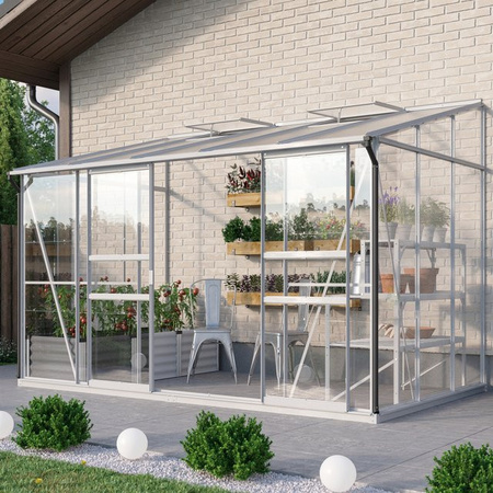 Vitavia Anlehn-Gewächshaus Osiris 6500 in Silber mit Aluminiumrahmen, 6,5 m², Pultdach, Doppel-Schiebetür und Dachfenster