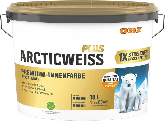 OBI Wandfarbe Arcticweiss Plus Weiß Matt, wasserbasiert, 10 l - Bild 1