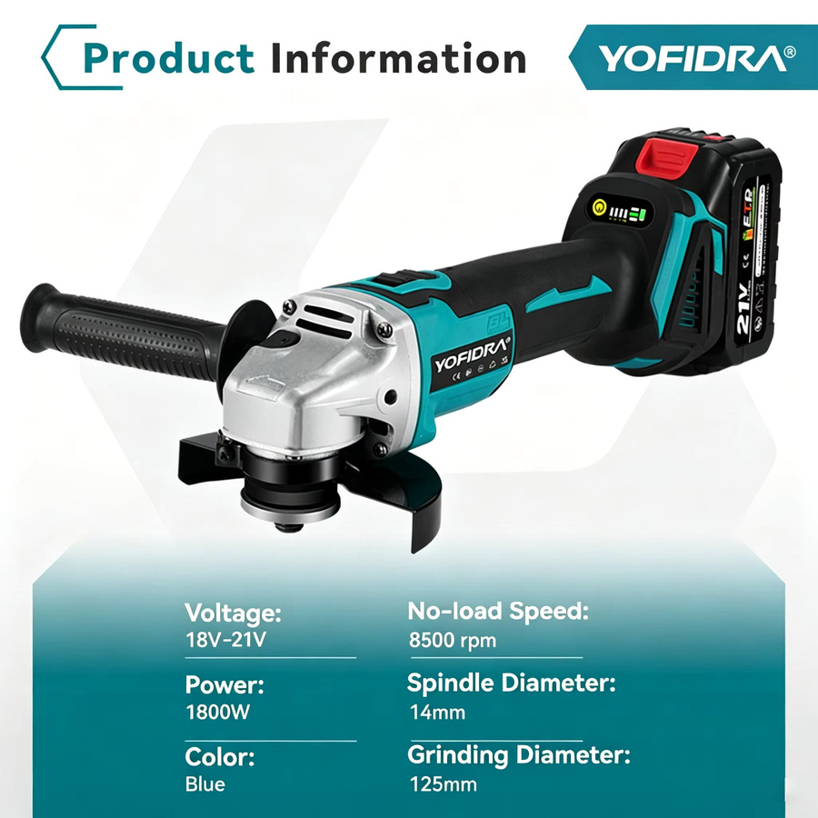 YOFIDRA Bürstenloser Akku-Winkelschleifer 125mm mit 4-Gang-Einstellung in Blau, kompatibel mit Makita LXT Akkus - Bild 6