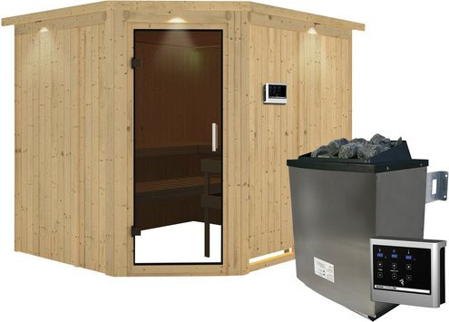 Karibu Sauna Haaspsalu aus Fichtenholz in Beige mit 9 kW Saunaofen und externer Steuerung für 4 Personen, B/T/H: 245 x 210 x 202 cm - Bild 1