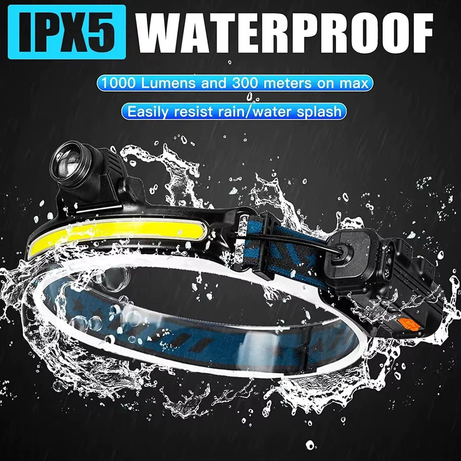 XIWANGFIRE LED Stirnlampe mit XPG+COB Zoom und USB-Ladung, wiederaufladbarer Induktionsscheinwerfer in Schwarz für Outdoor, Camping und Angeln - Bild 6