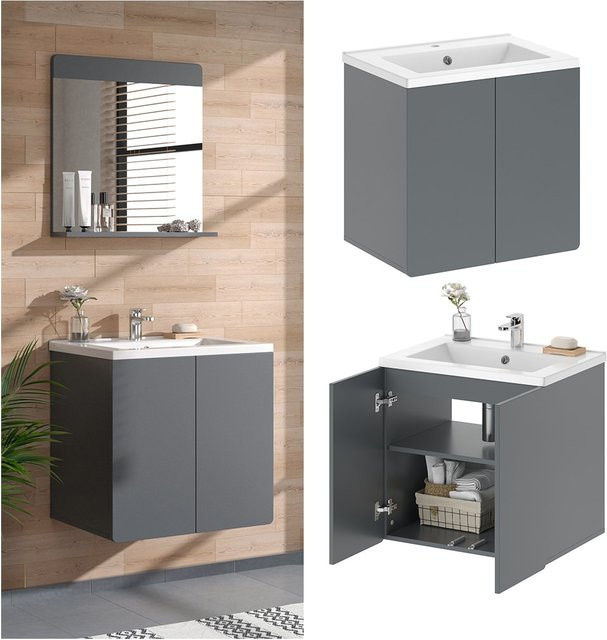 Vicco Badmöbel-Set Izan modern in Grau mit Waschtischunterschrank und Keramikwaschbecken B/T/H: 61,8 x 44,8 x 57,8 cm - Bild 1