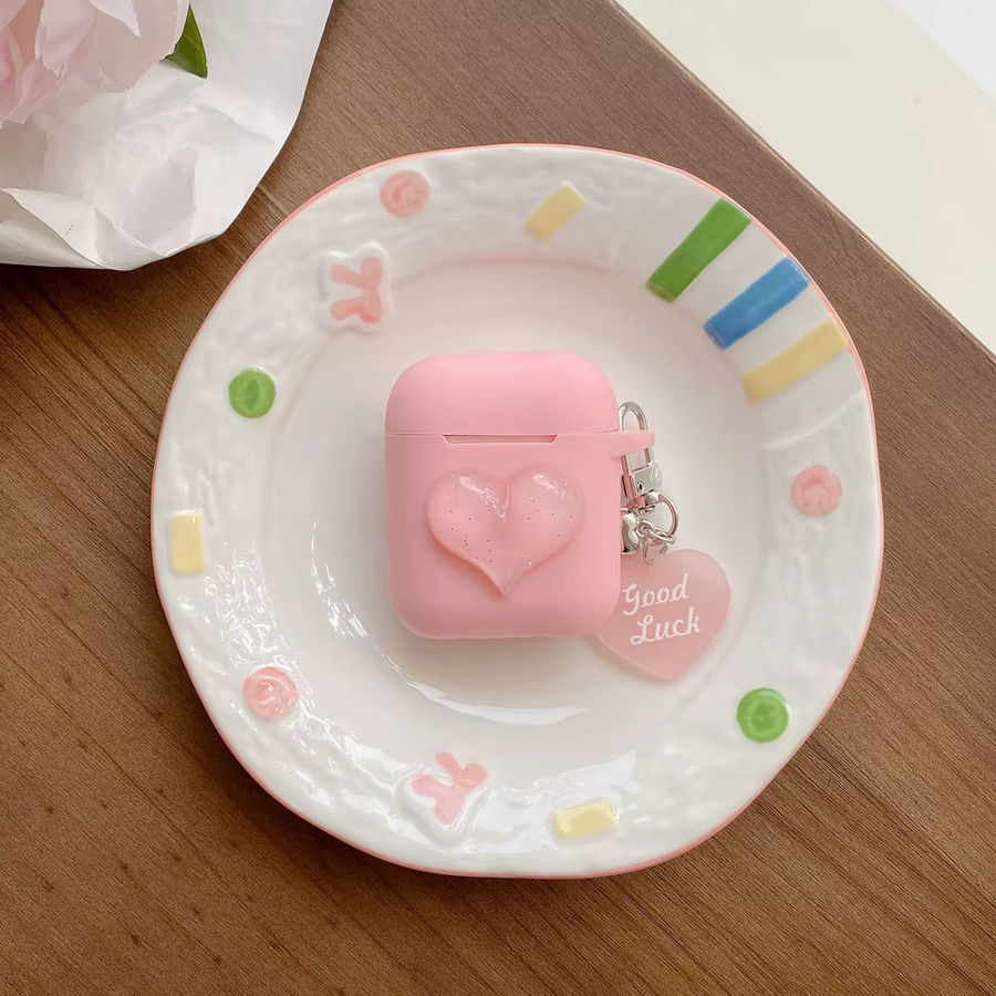 Apple AirPods Schutzhülle aus weichem Silikon mit 3D-Herz-Design und Anhänger in Rosa für AirPods 1, 2, 3, 4 und Pro 2/3 - Bild 2