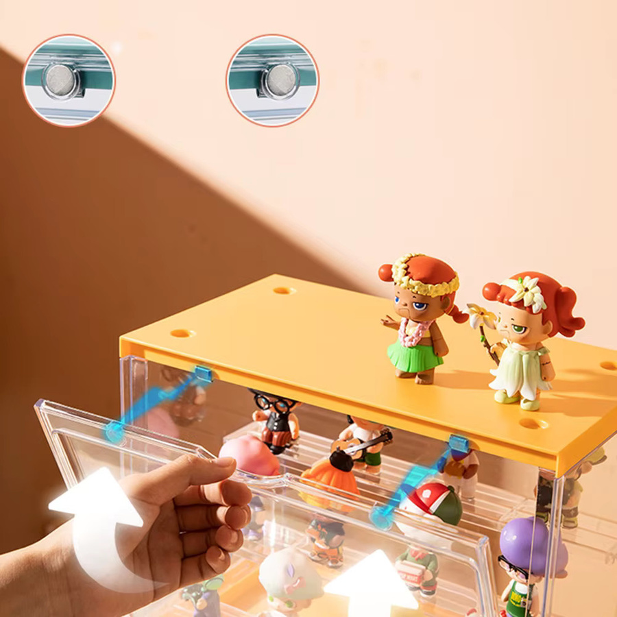 Staubdichte Acryl Vitrine für Blind Box Figuren und Puppen Modelle, Transparent/Gelb, Rechteckiges Display Rack aus Kunststoff - Bild 3