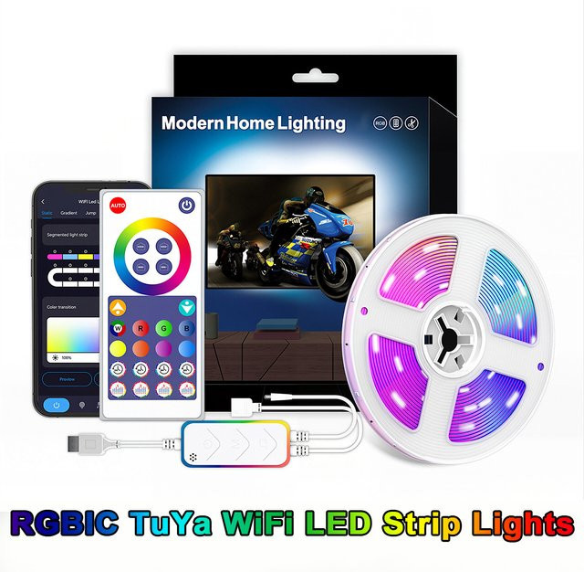 Tuya WiFi RGBIC LED-Lichtstreifen mit Musik-Synchronisation, USB-betrieben, kompatibel mit Amazon Alexa, Multicolor, inkl. Fernbedienung - Bild 1