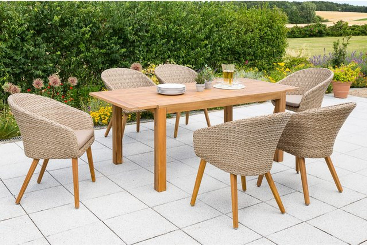 Merxx Arrone Gartenmöbel Set aus Akazienholz mit 7-teiligem Ausziehtisch und 6 Sitzplätzen in Beige - Bild 2
